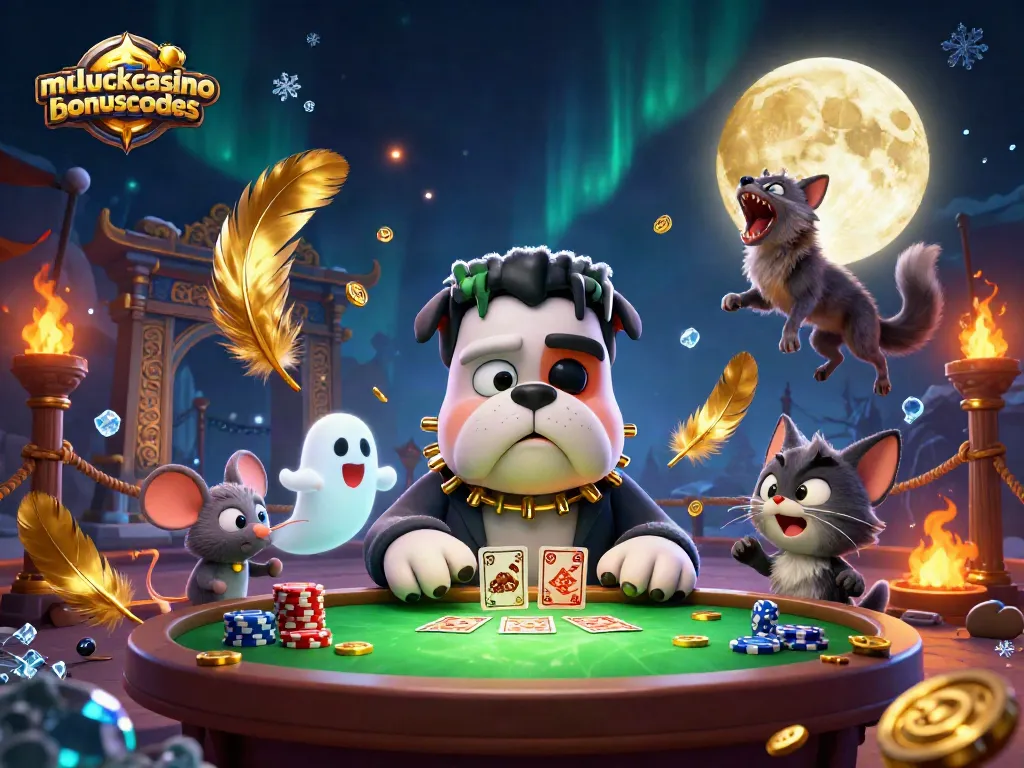 Engage with mcluckcasinobonuscodes in a vibrant 3D casino illustration featuring a Frankenstein bulldog dealer and themed elements.