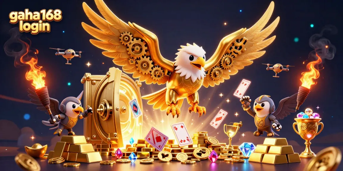 Engage in thrilling wins with gacha168 login, featuring a dynamic scene with treasure, cards, and a cybernetic eagle.
