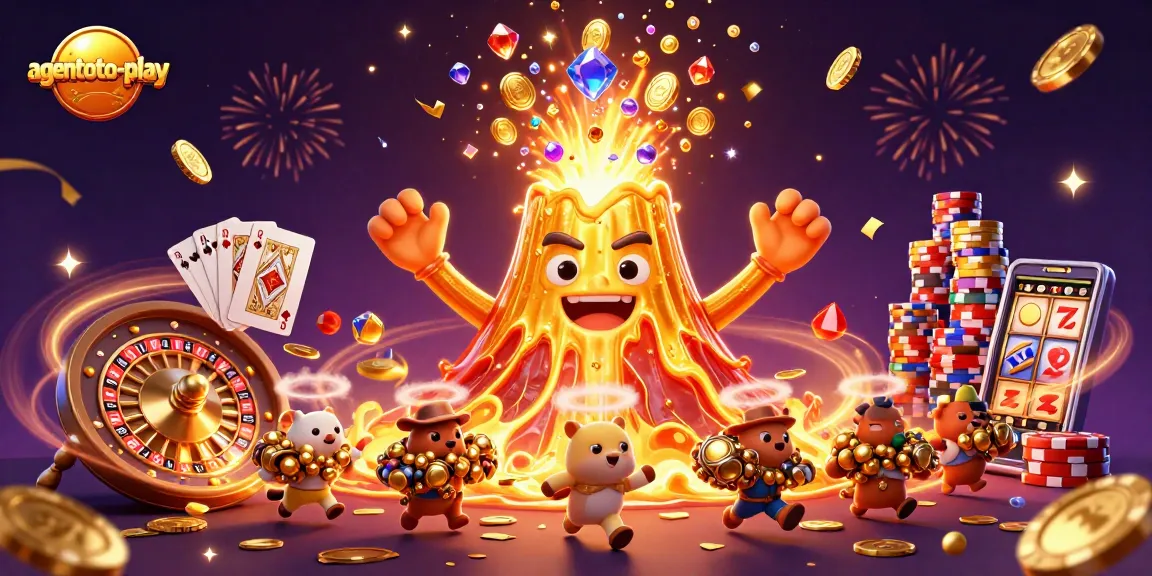 Menangkan hadiah dalam permainan agenoto-play dengan gunung berapi emas yang mengeluarkan koin dan permata.