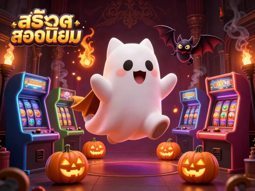 Engage with สล็อตยอดนิยม in a vibrant casino scene featuring a friendly ghost cat and arcade elements.