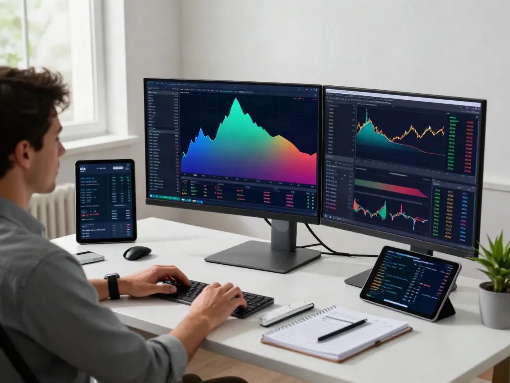 Dynamic trading analysis scene showcasing TradingView's market charts and trading tools.