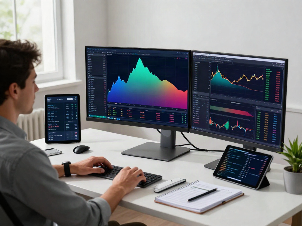 Dynamic trading analysis scene showcasing TradingView's market charts and trading tools.
