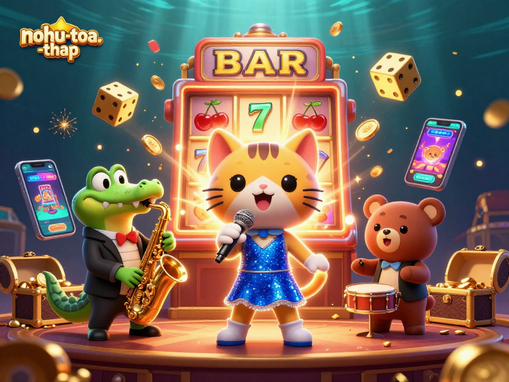 Engage with nohu-toa-thap casino delights as colorful characters celebrate a jackpot explosion.