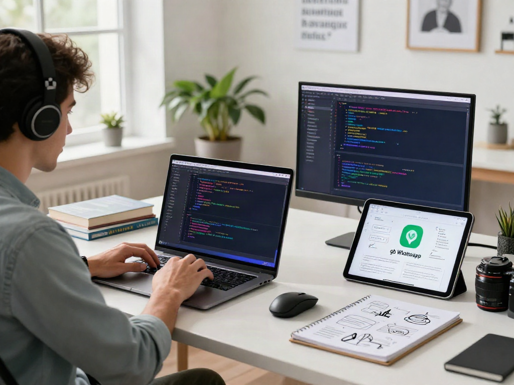 Developer showcasing gb whatsapp apk coding on laptop in a modern workspace.