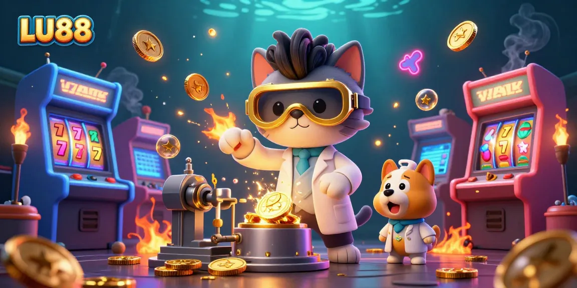 Experience LU88's vibrant casino world with mad scientist cat and assistant in 3D illustration.