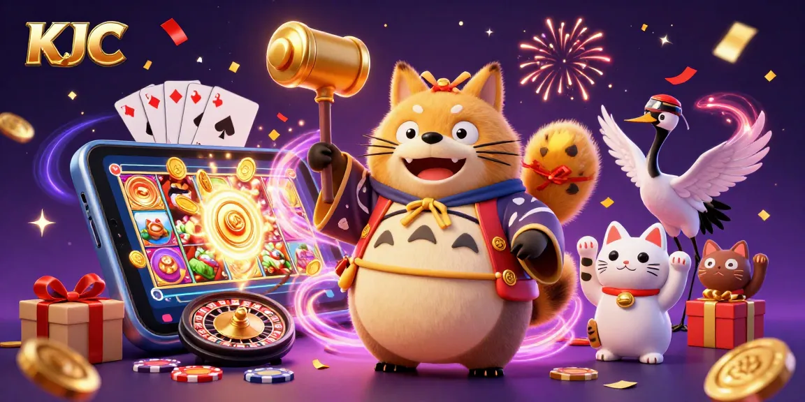 KJC showcases vibrant 3D illustration with a cheerful tanuki and gaming elements, enhancing user engagement.