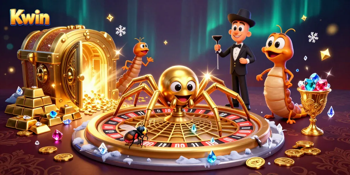 Kwin offers a thrilling casino experience where a golden spider spins a roulette wheel while players place bets.