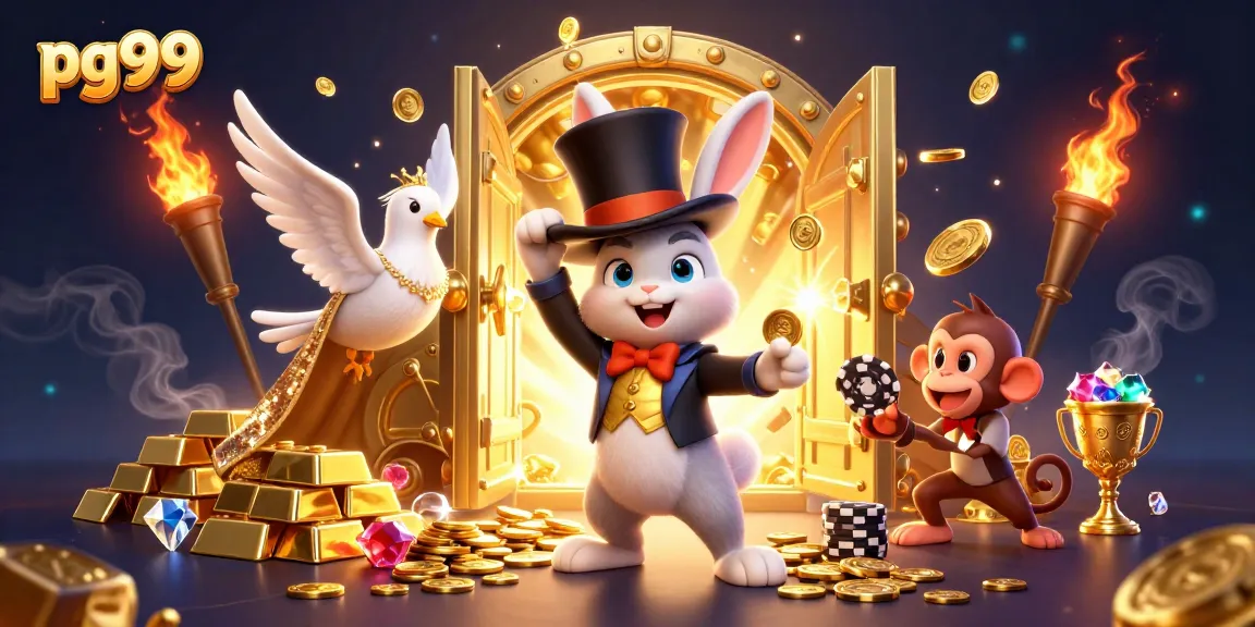 pg99 features a magician rabbit pulling coins, charms, and vibrant treasures in a lively casino scene