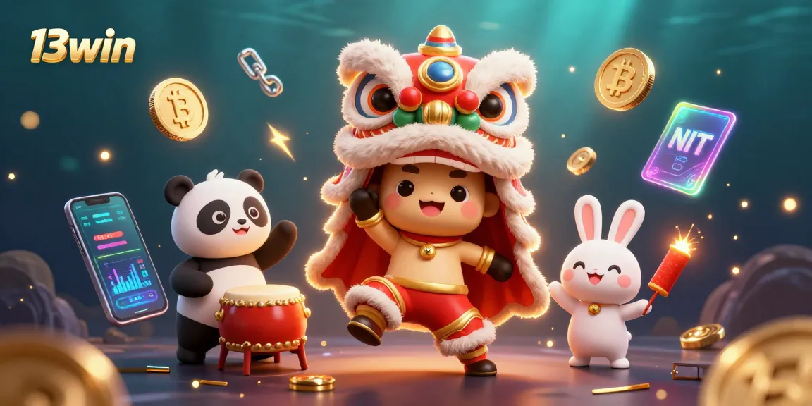Engage with 13win's vibrant casino adventure featuring lively characters and crypto elements.