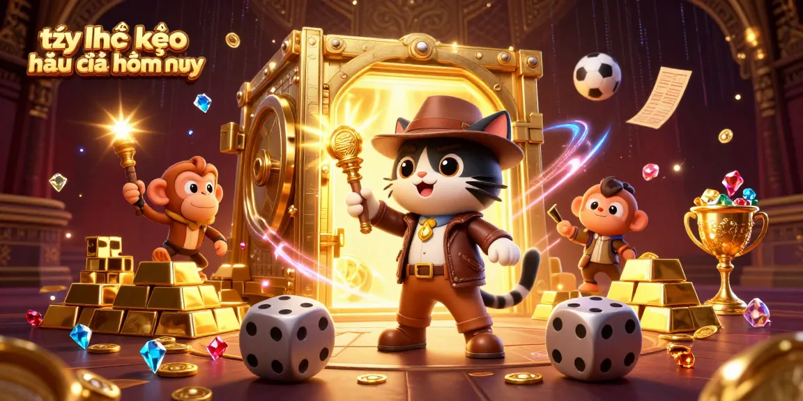 Tỷ lệ kèo nhà cái hôm nay illustrated in a vibrant scene with a cat explorer and treasures