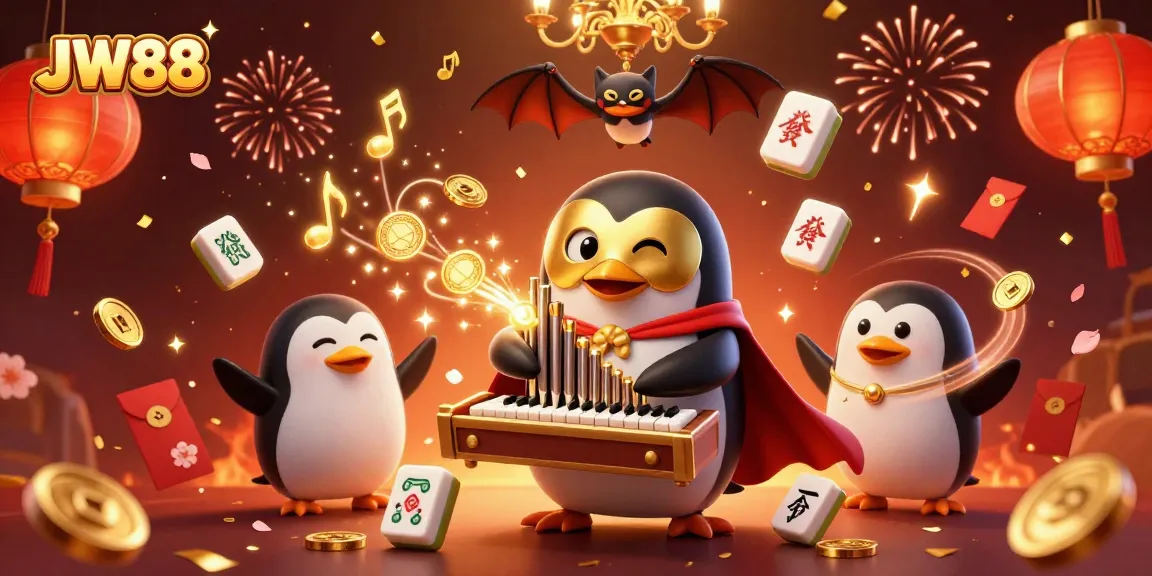 Experience JW88's vibrant gaming world with a 3D cartoon penguin and flying festive elements