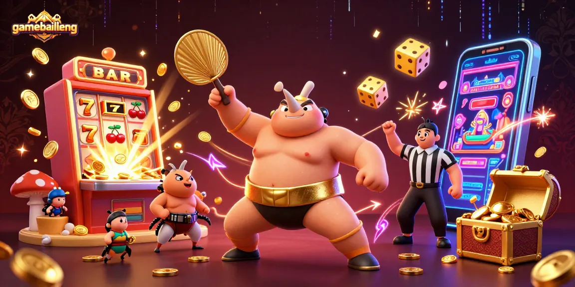 gamebailieng features a sumo beetle champion amidst a dynamic casino scene with vibrant gaming elements.