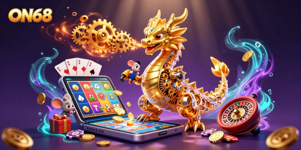 Experience excitement with ON68, featuring a golden dragon, colorful slot games, and dynamic casino elements.