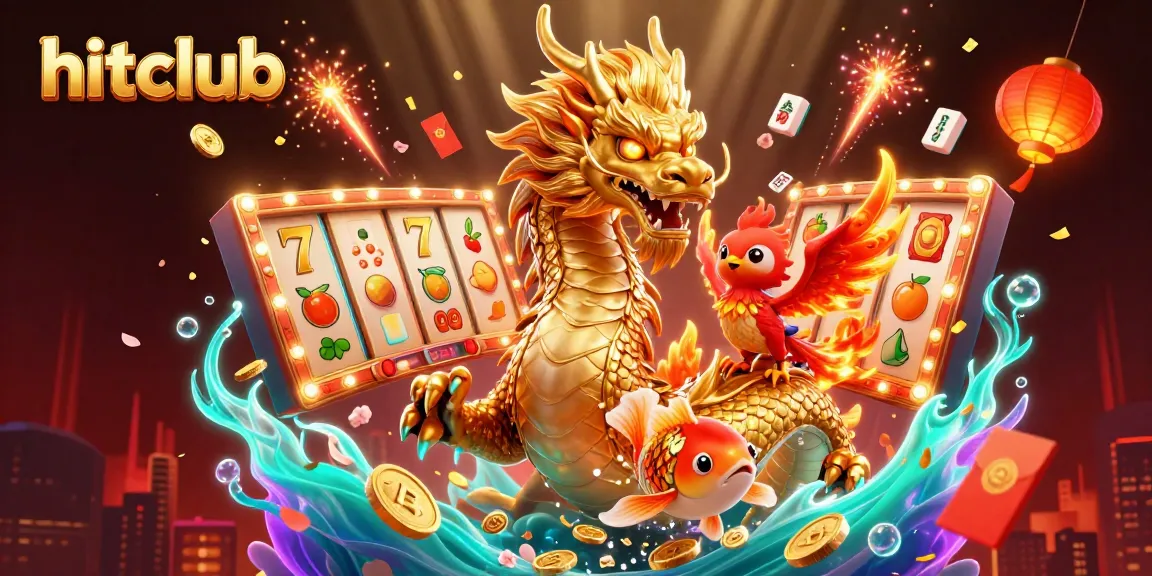 Experience thrilling gaming at hitclub with golden dragon, koi fish, and slot reels surrounded by festive décor.