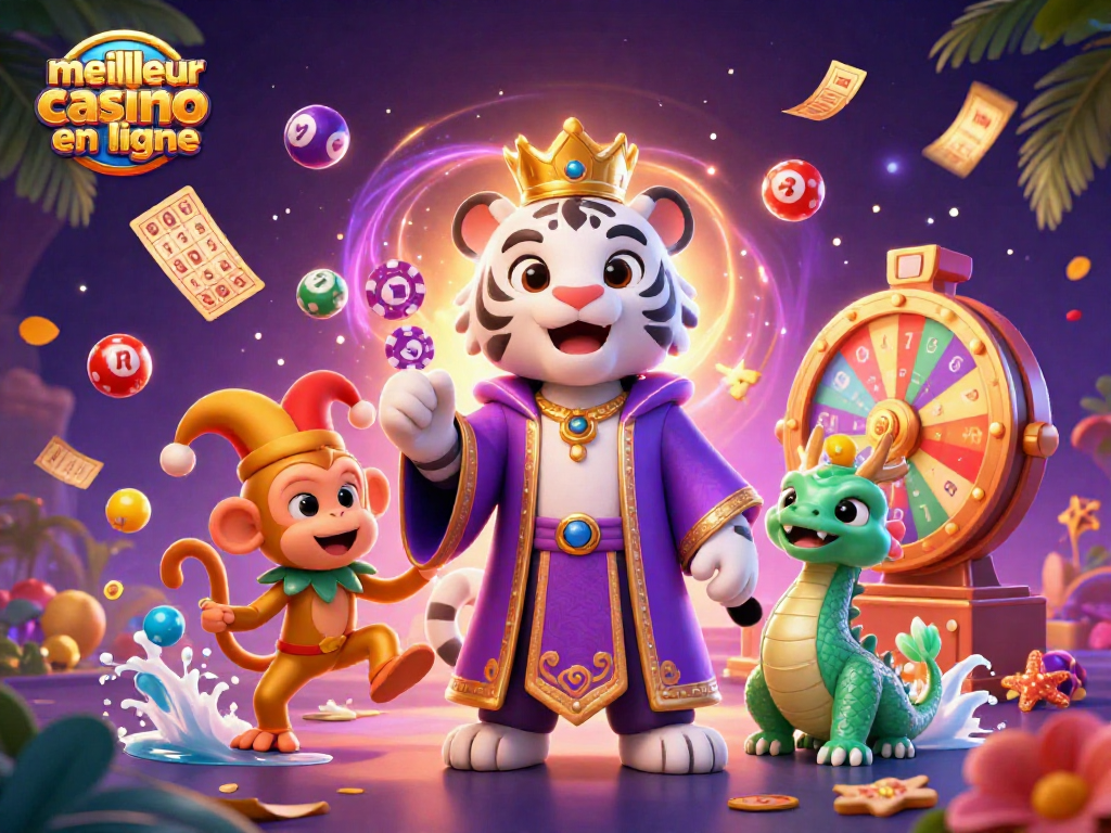 Jouez au meilleur casino en ligne avec ce tigre élégant et un singe jongleur entourés de ballons colorés.