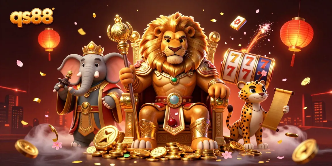 Experience the excitement of qs88 with a fierce lion king ruling a vibrant casino scene packed with game elements.