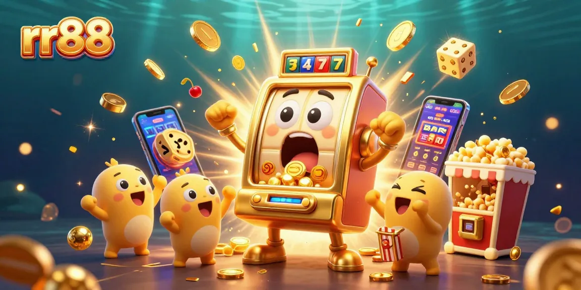 rr88 celebrates a winning moment with a cartoon slot machine jackpot and excitement in a vibrant casino scene.