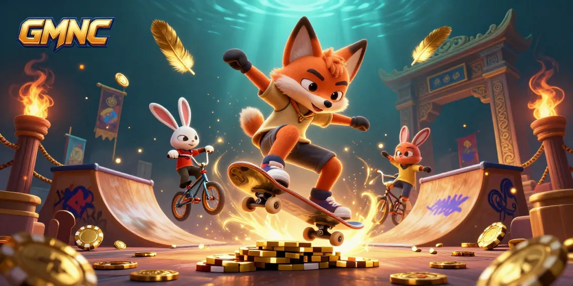 Experience the thrill of GMNC with a dynamic illustration featuring a skateboarder fox and BMX rabbit in a casino-themed scene.