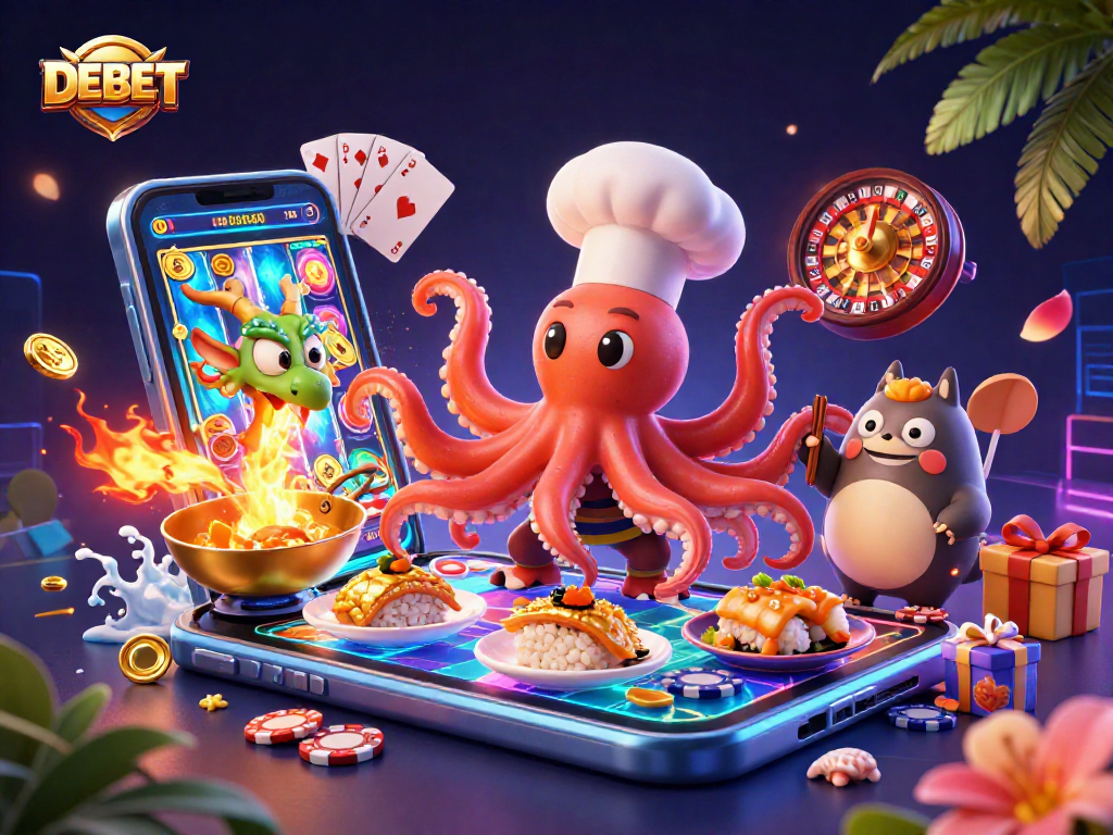Engage with DEBET's exciting online casino world featuring a colorful slot game, dynamic characters, and vibrant gaming elements.