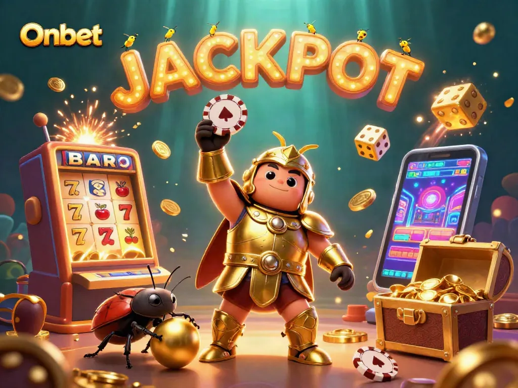 Witness Onbet's thrilling experience with a hercules beetle championing a jackpot, surrounded by vibrant casino elements.