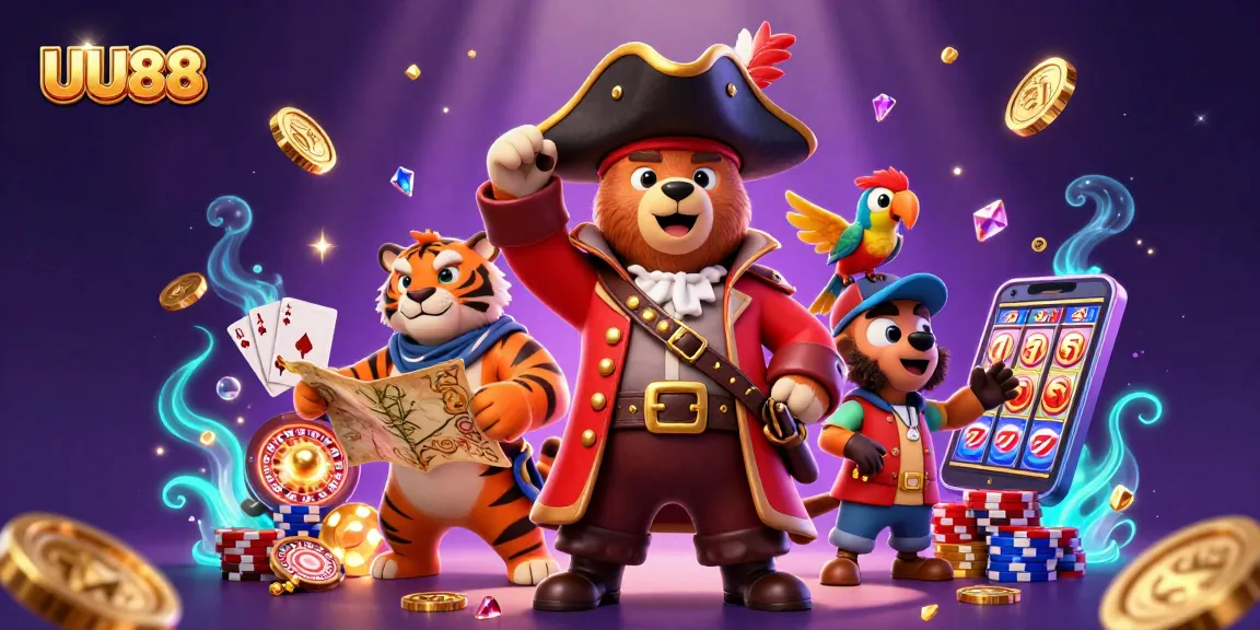 Join the adventure at UU88 with a pirate captain bear, fierce tiger, and treasure map in a vibrant casino scene.