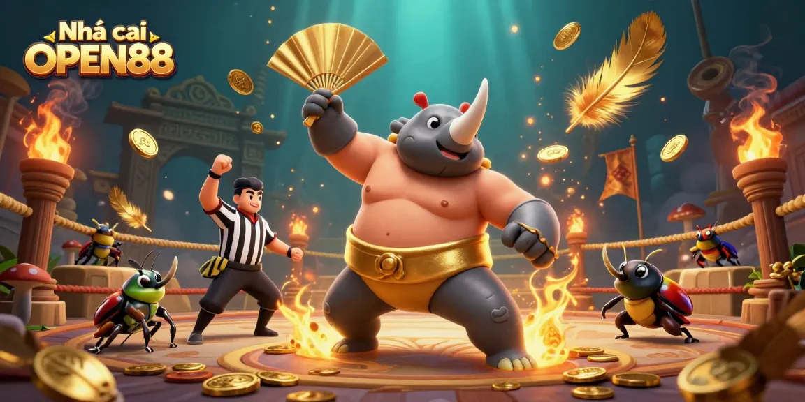 Experience thrilling wins at Nhà cái OPEN88 with a vibrant sumo battle scene featuring a rhinoceros beetle champion.