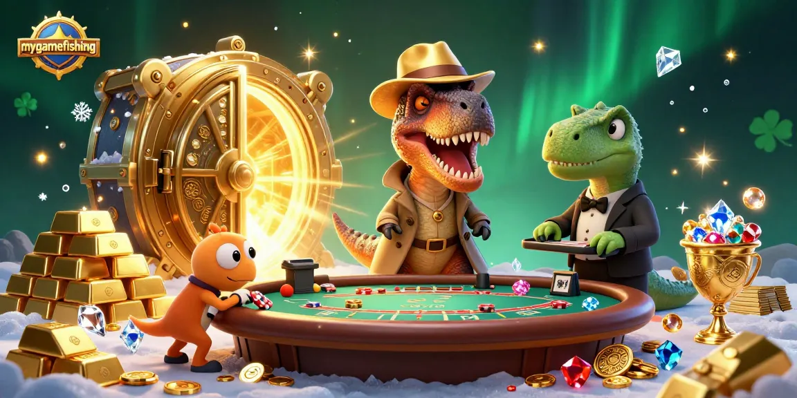 Win big with mygamefishing at a vibrant casino table featuring animated dinosaurs!