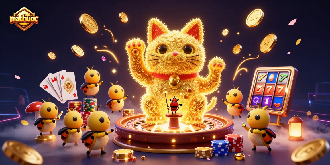 Experience the excitement of matchuoc with a dynamic illustration of a lucky cat and vibrant casino elements.