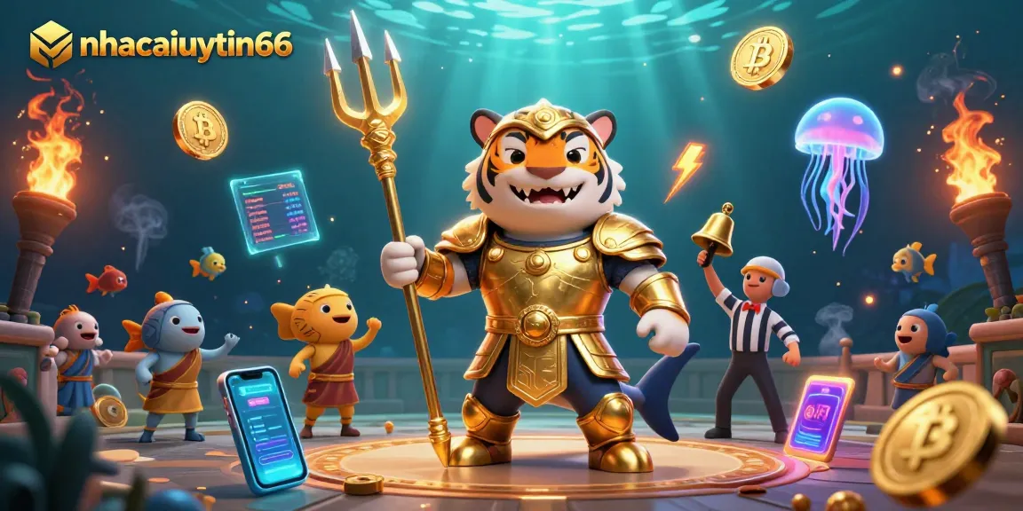Engage with nhacaiuytin66's thrilling casino scene featuring a cartoon tiger shark and crypto elements.