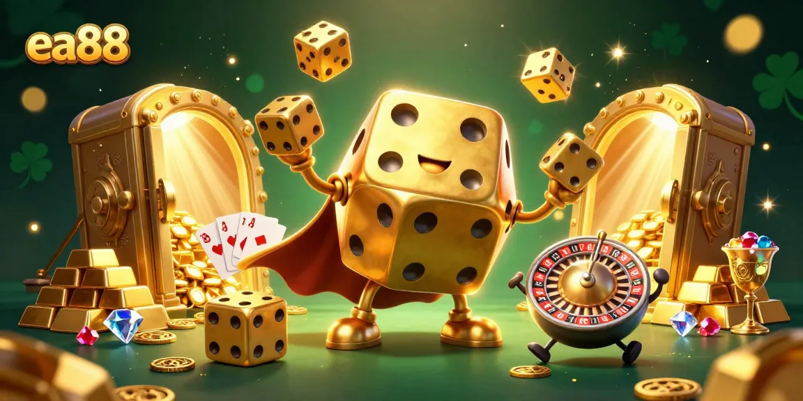 Experience the thrill of ea88 with vibrant casino action featuring golden dice and treasures.