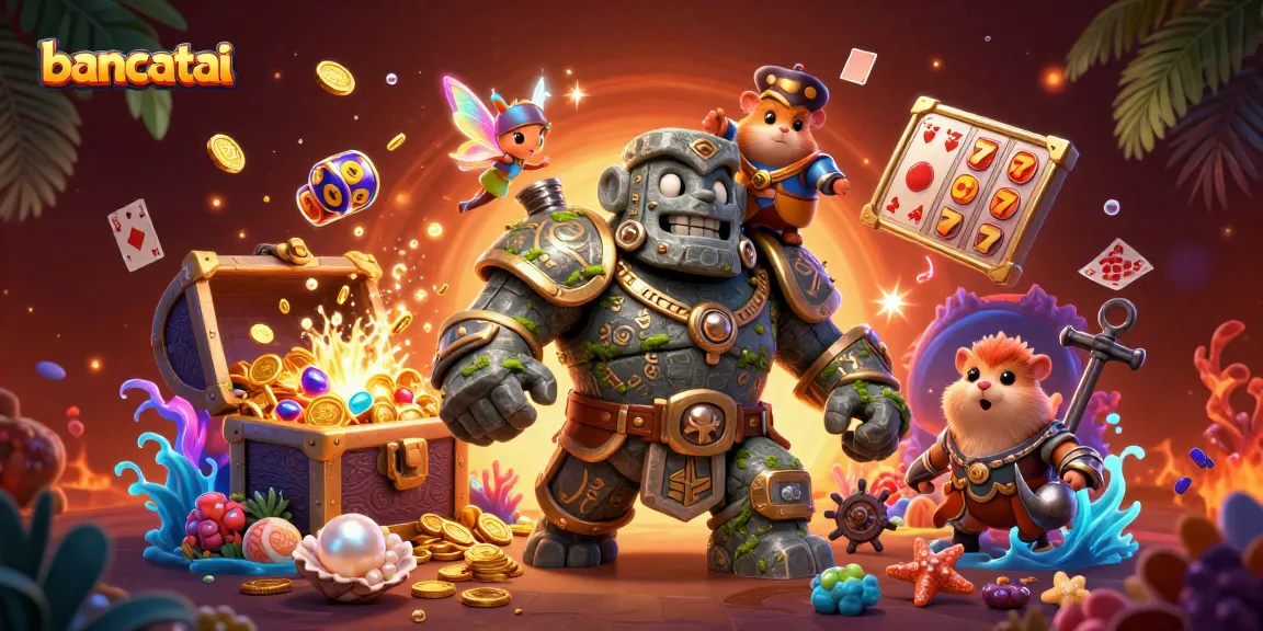 Bancatai introduces a magical casino scene with a golem guardian, fairy casting magic, and slot reels.
