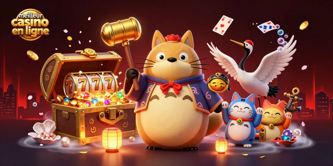 Jouez au meilleur casino en ligne avec cette illustration 3D captivante présentant un tanuki chanceux et des éléments de jeu.