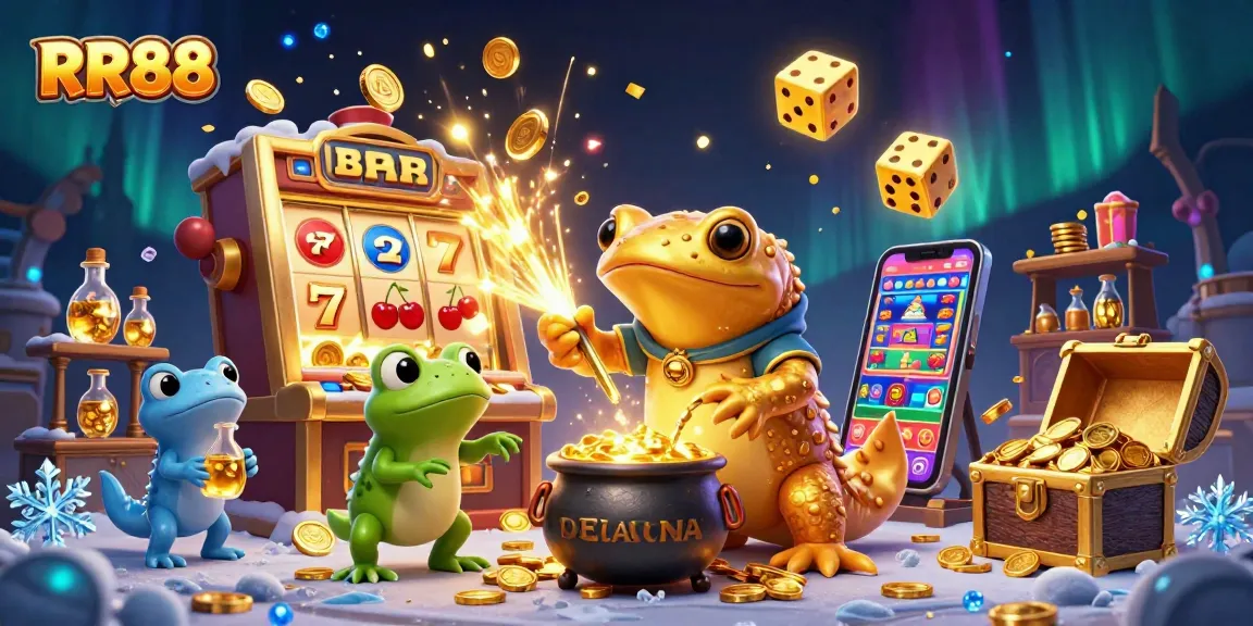 RR88's golden salamander alchemist creates riches in a vibrant casino scene filled with slots and treasures.