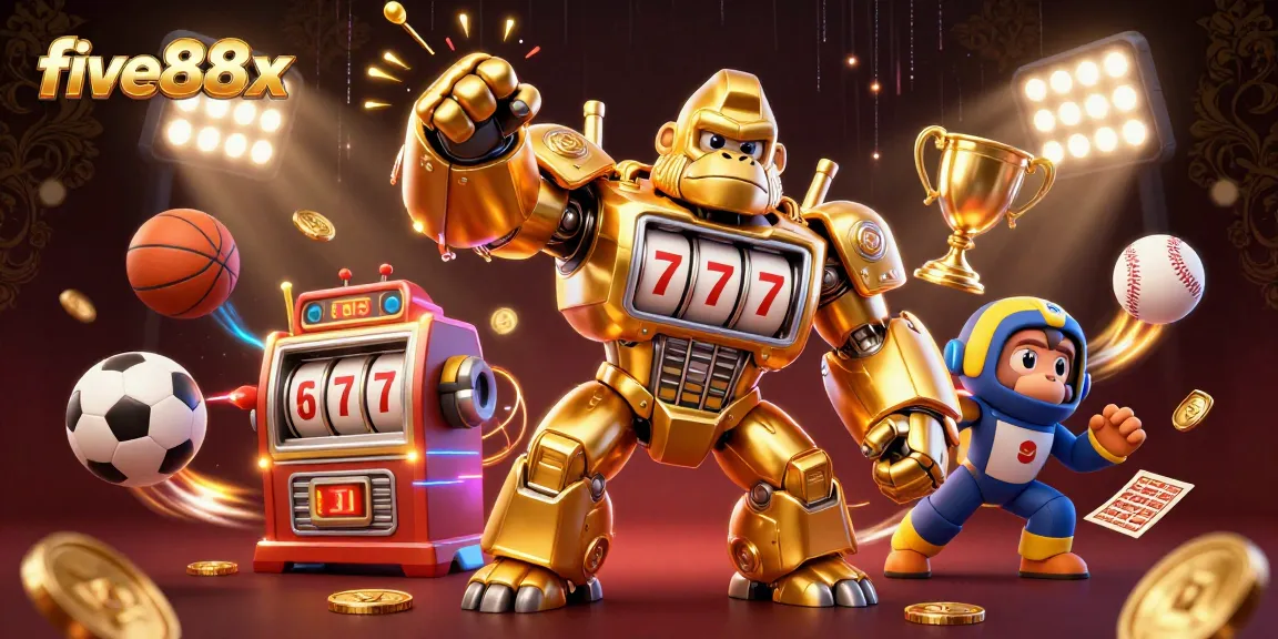 Engage with five88x in a vibrant 3D illustration featuring dynamic sports betting elements and a powerful golden gorilla mech.