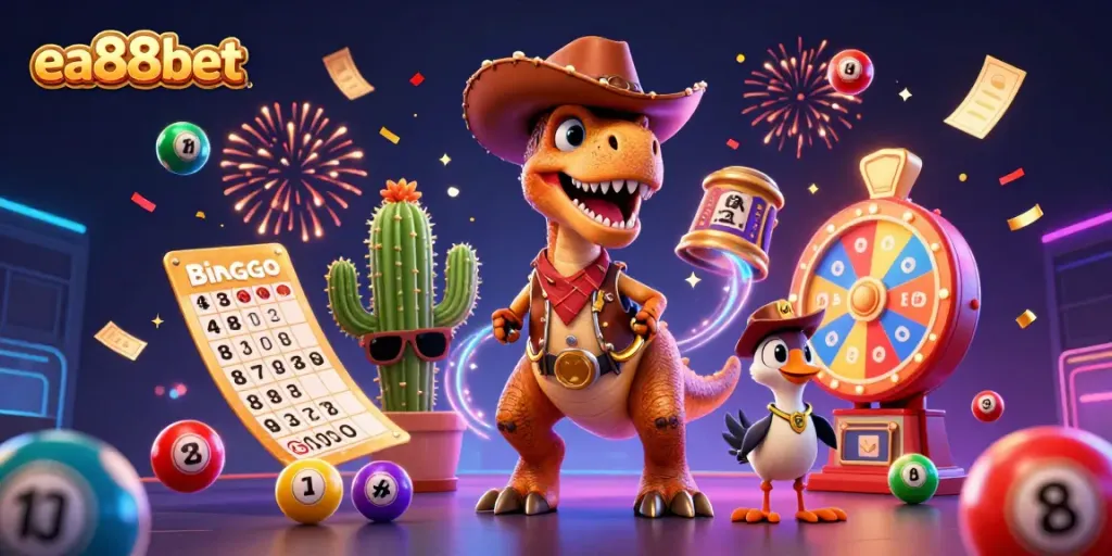 Win big with ea88bet in this animated scene filled with vibrant lottery elements and playful characters.