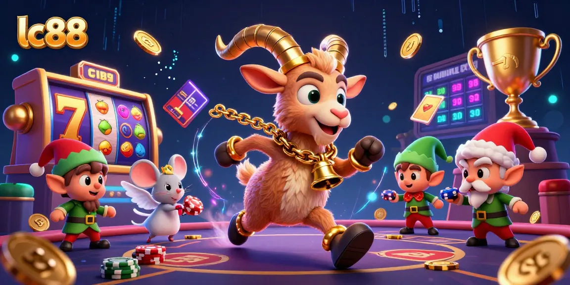 lc88 players engaging in exciting slot games amidst festive chaos in a dynamic casino scene