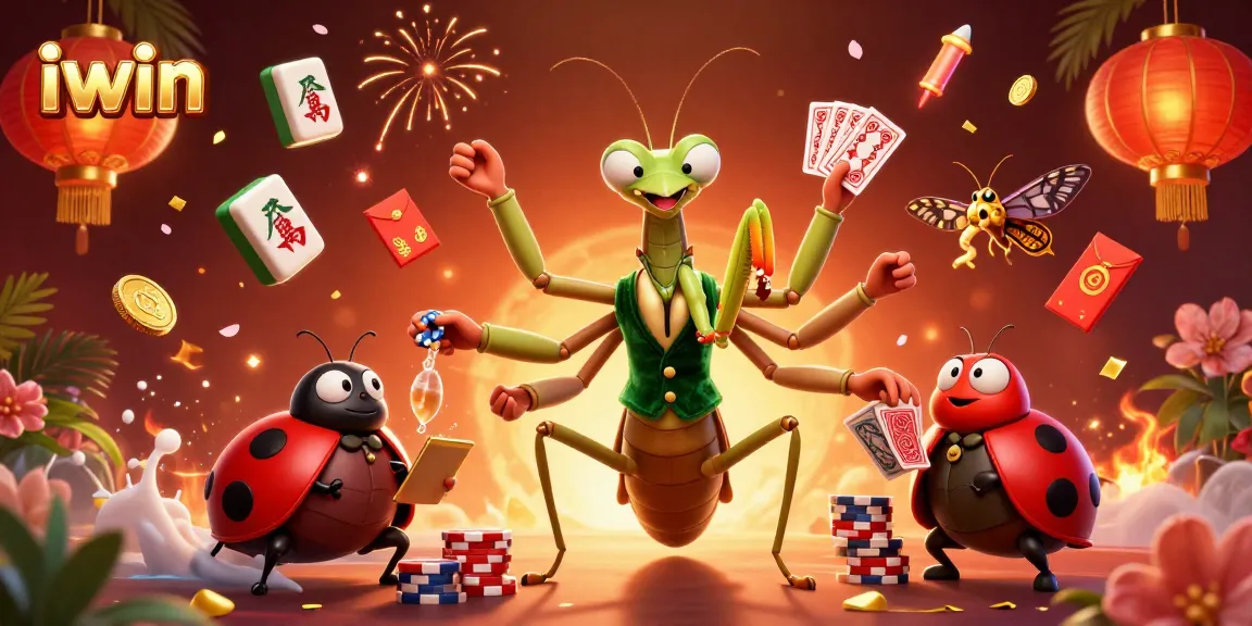 iwin enhances your experience with a vibrant casino scene featuring a giant mantis card sharp