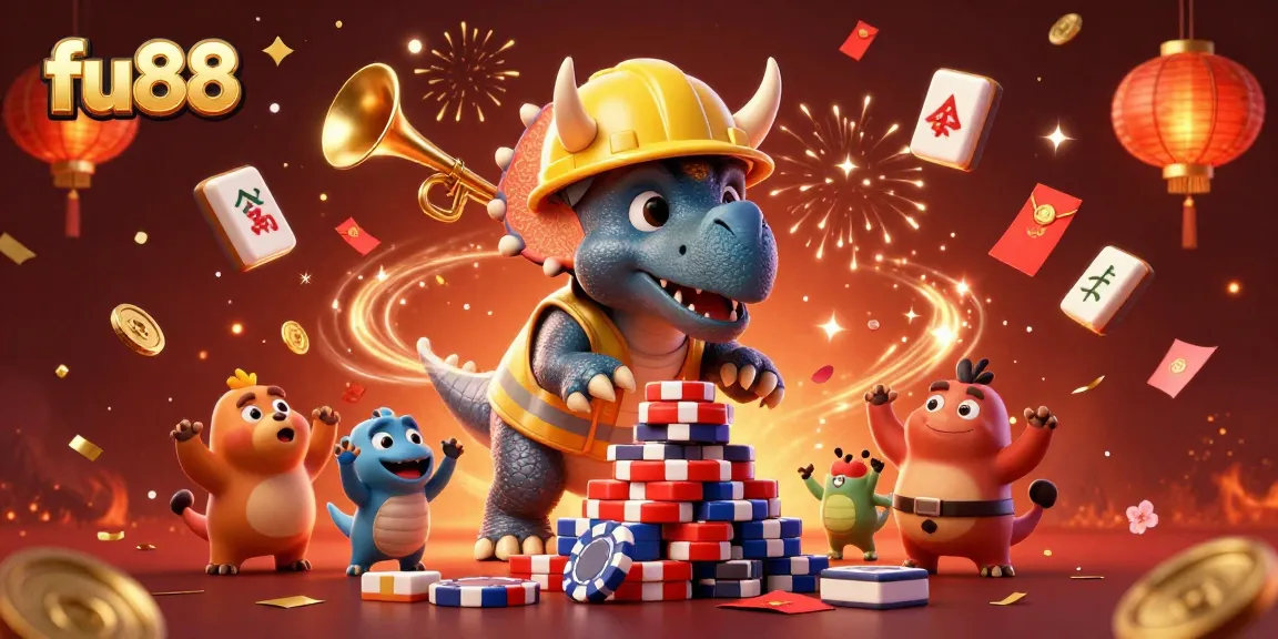 Join the excitement at fu88, where a triceratops builds poker chips in a festive casino scene.