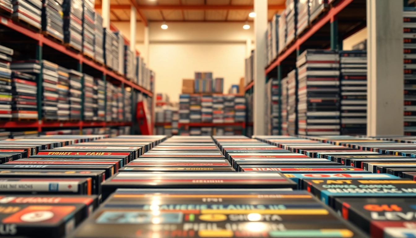 Browse an enticing collection of bulk DVDs in a vibrant warehouse setup.