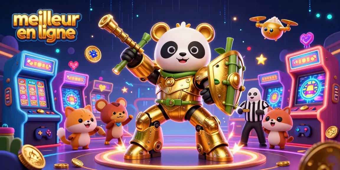 Découvrez le meilleur casino en ligne avec une illustration dynamique de panda d'or dans une arène de jeux.