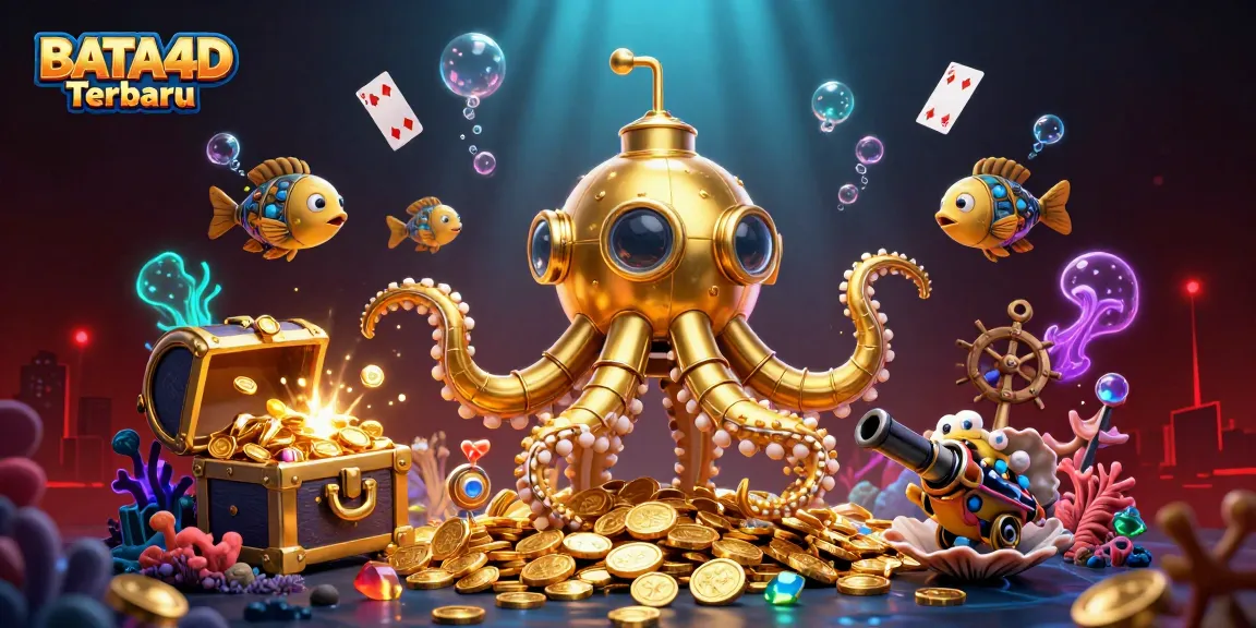 BATA4D Terbaru showcases a vivid underwater scene with a golden kraken submarine amidst treasures and gambling elements.