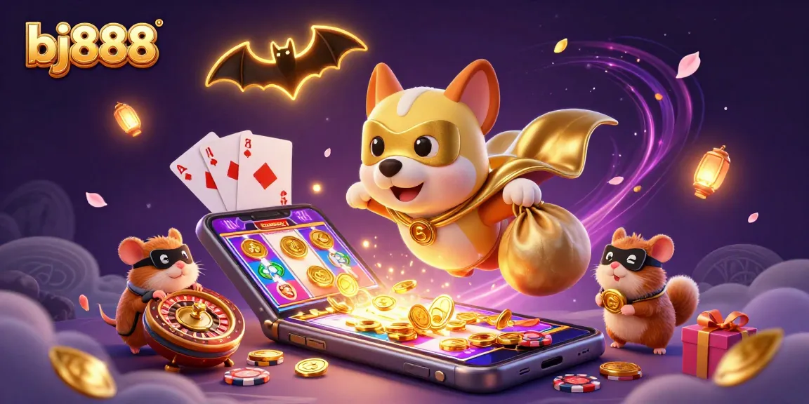 Experience the excitement of bj888 with a superhero dog in action, offering dynamic casino gameplay.