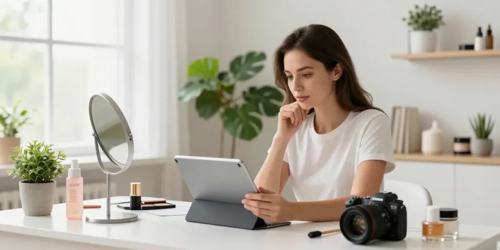 Woman reviewing alternatives to QOVES in a bright beauty office.