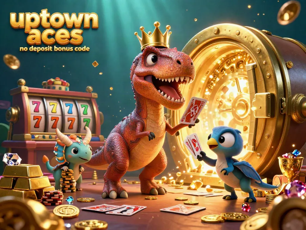 Engage with the uptown aces no deposit bonus code in this vibrant casino scene featuring a T-Rex shuffling cards.