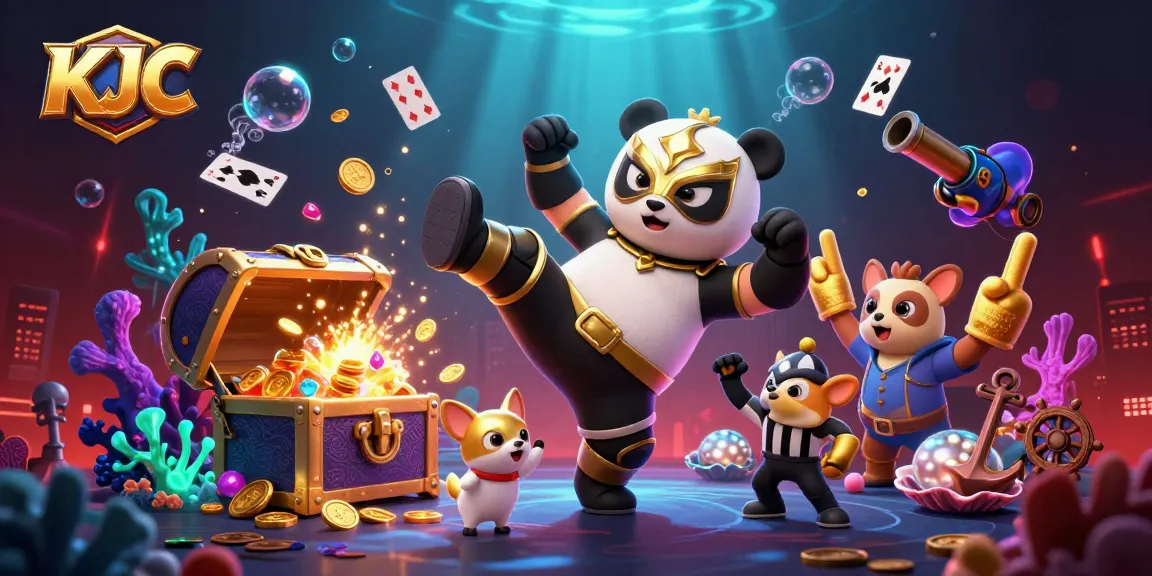 KJC brings excitement to the gaming arena with a dynamic illustration of a panda wrestler and cheering animal fans.