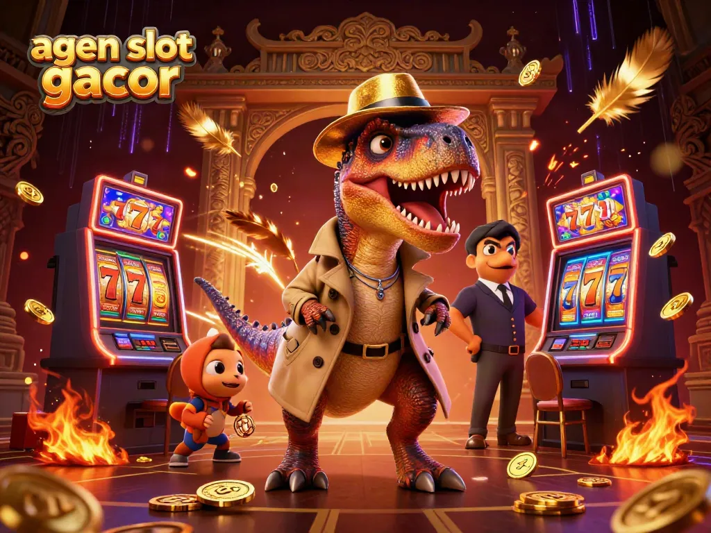 Engaging 3D scene of agen slot gacor featuring a velociraptor card counter at a slot machine, surrounded by dynamic gambling elements.