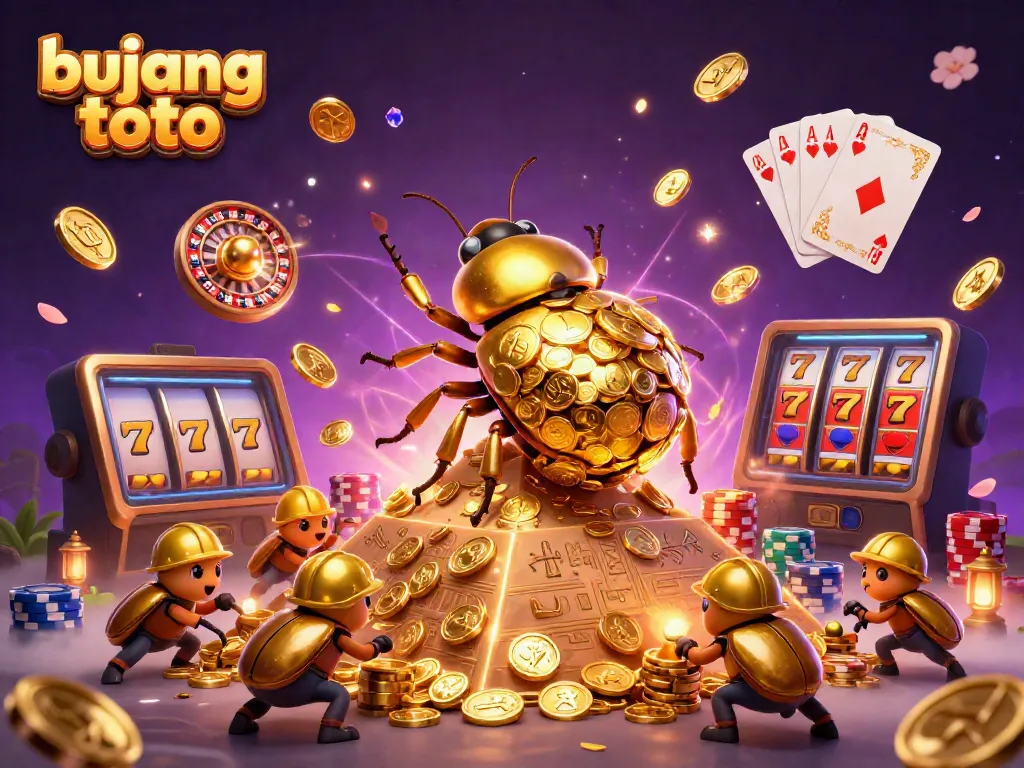 Bujang toto scene showcasing a golden dung beetle rolling coin ball, highlighting vibrant casino elements.