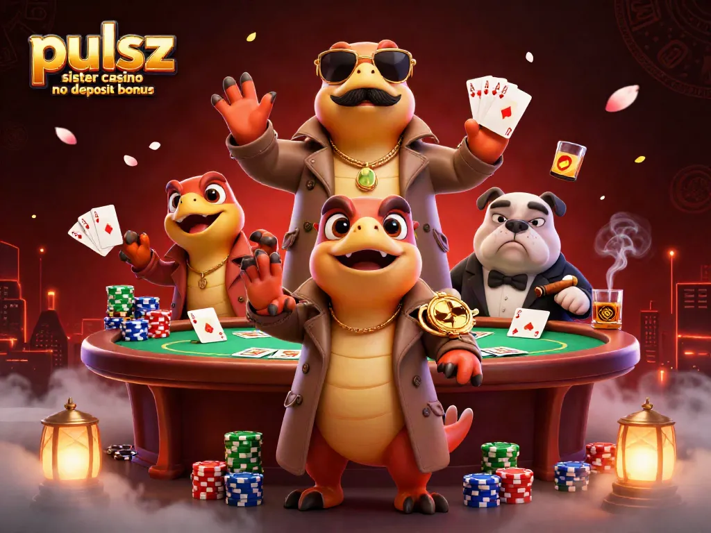 Enjoy the pulsz sister casino no deposit bonus with festive facial raptors in a vibrant casino scene.