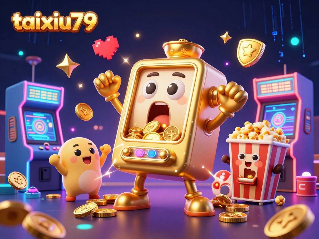 Watch taixiu79 greet a jackpot as coins pour out, animated slot machines cheer in a casino-themed arcade.
