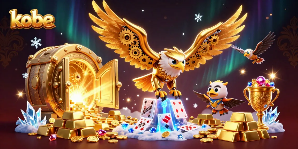 Kobe gold eagle dives through holographic cards in a vibrant casino scene packed with treasures.